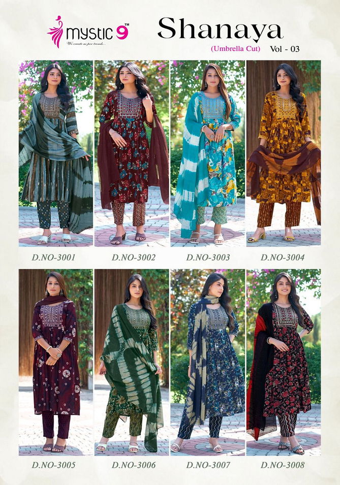 Shanaya Vol 3 By Mystic 9 Rayon Aliya Cut Kurti With Bottom Dupatta Wholesale Online